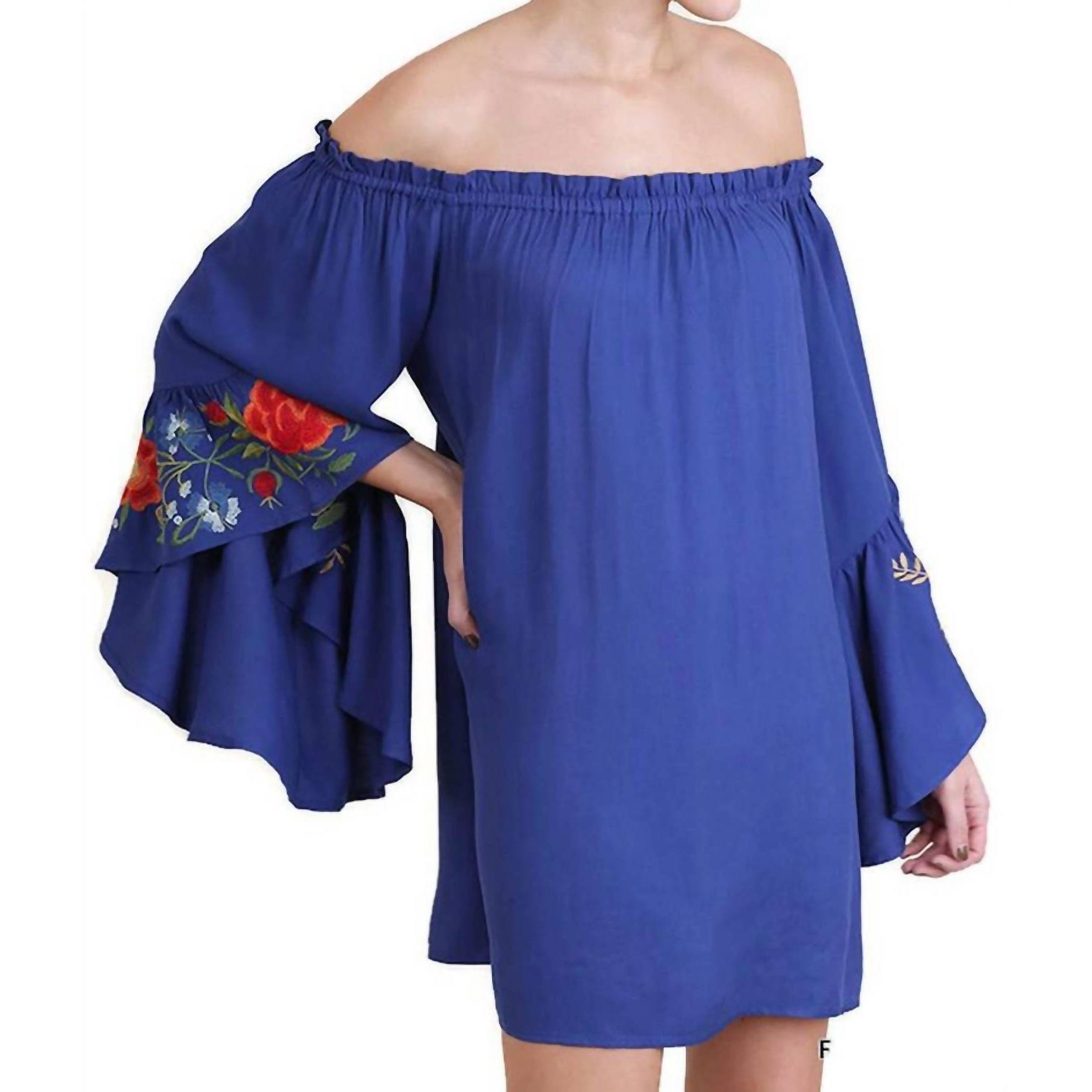 New Umgee Floral Embroidered Bell Sleeve Mini Dress In Royal Blue
